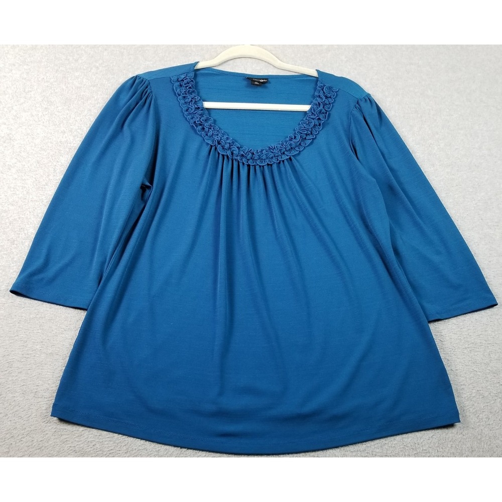 East 5th Blouse Women's XL Blue Ruffle Scoop Neck 3/4 Sleeves Casual Stretch Top